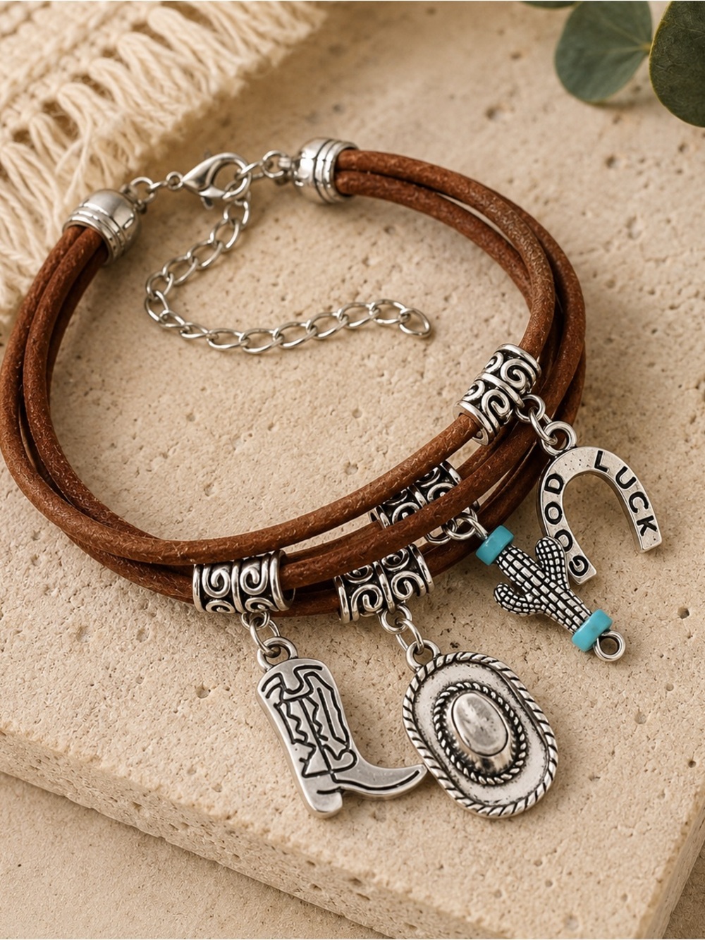 Private Label Brown Leather Southwestern Charm Bracelet with Silver Accents